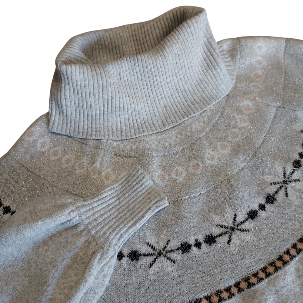Philosophy Woman 1X Gray Sparkle Cowl Neck Sweater Fair Isle Pullover Snowflakes